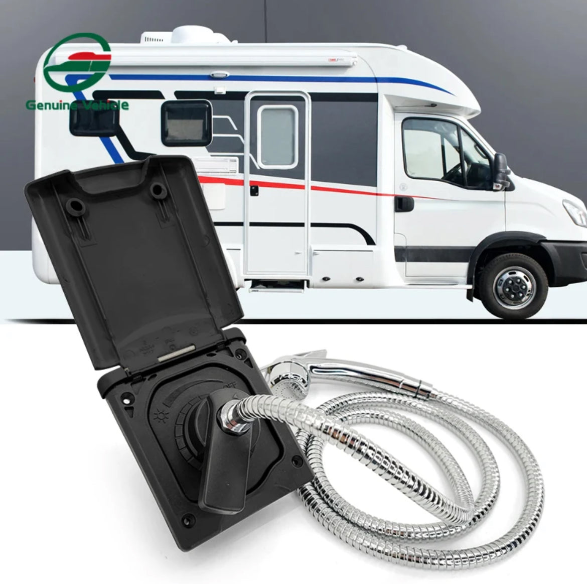 Black outdoor shower outlet for campervan and motorhome