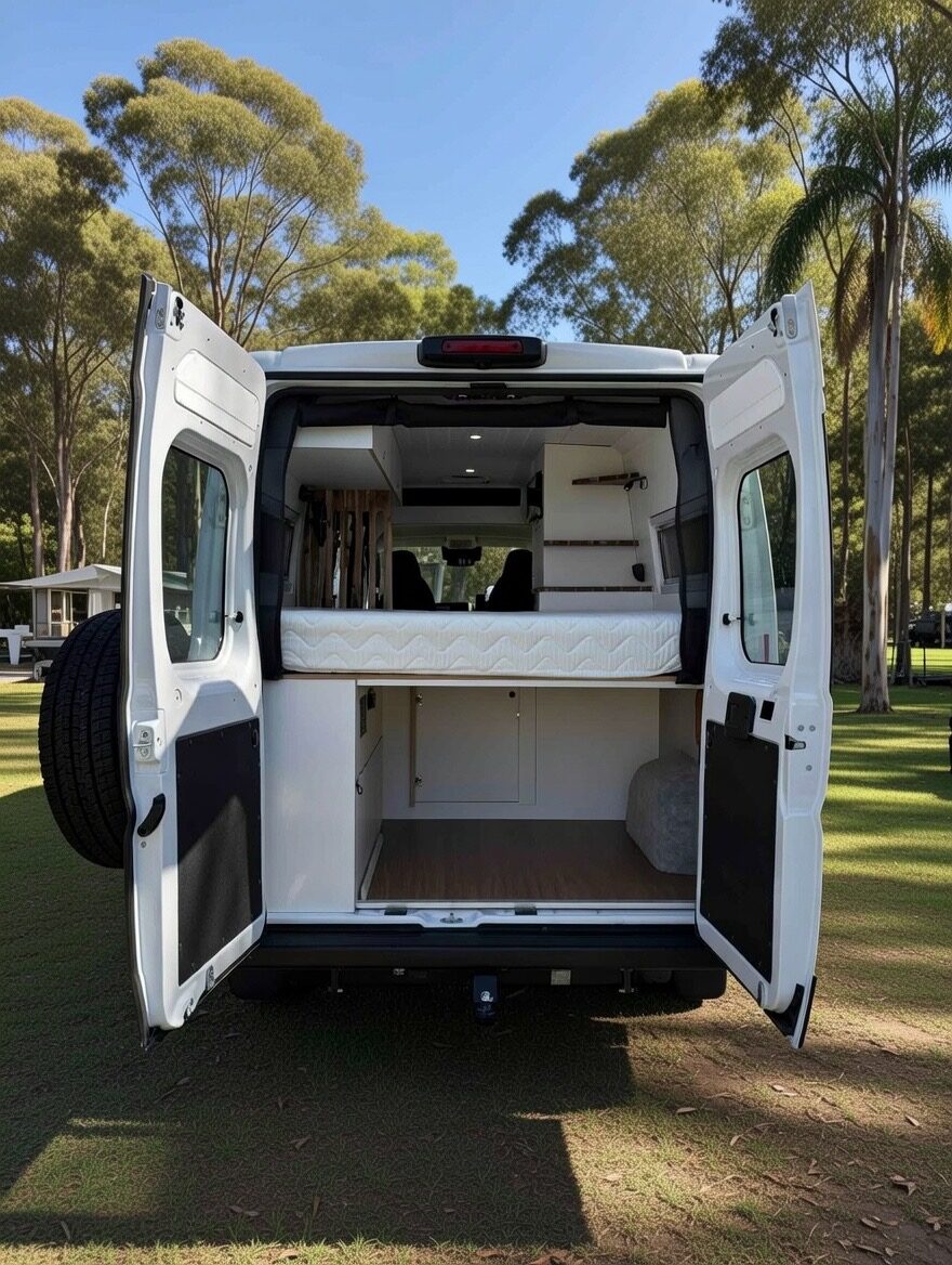 Rear bed and under-bed garage on a finished van